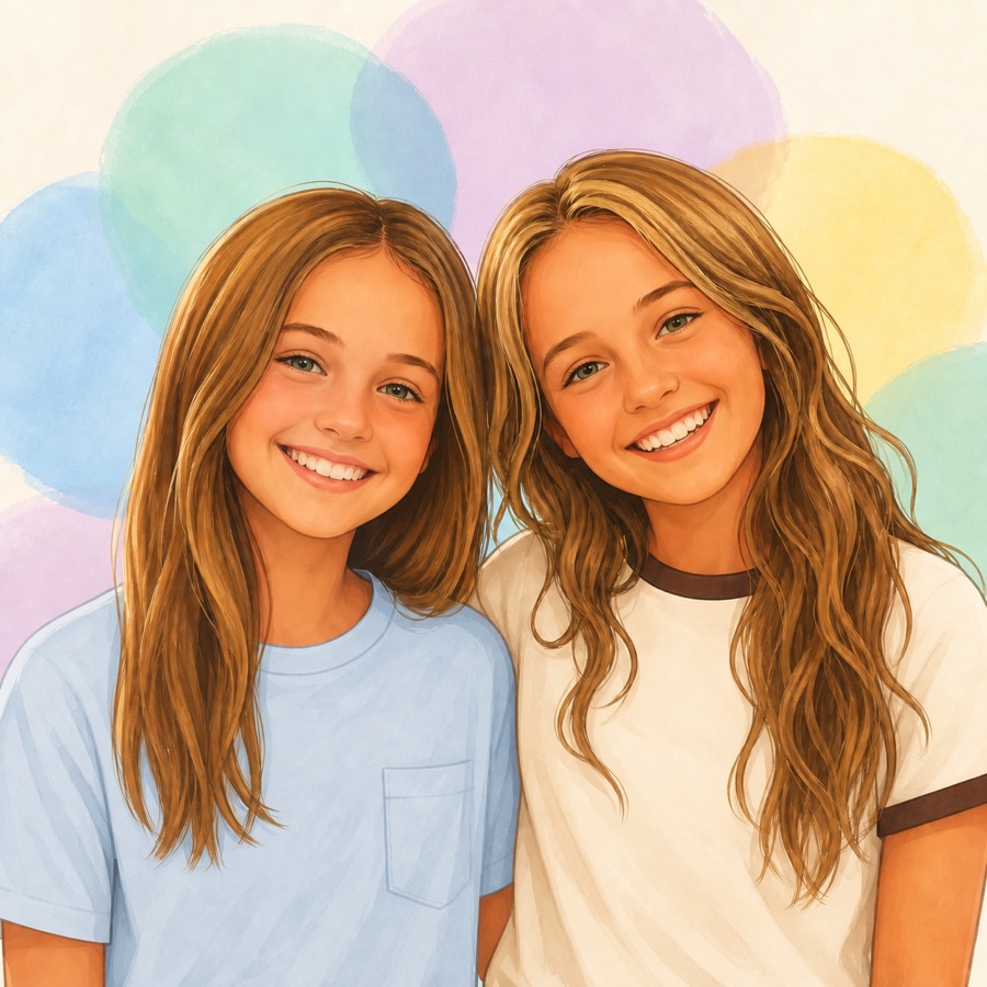 Cartoon portraits of Anna and Zahara smiling together